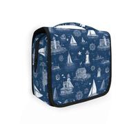 Neceser colgante de viaje, azul profundo, diseño de torre, barco, olas del mar, estuche de maquillaje, organizador de cosméticos para hombres y mujeres