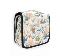Neceser colgante de viaje, diseño de olas del océano, torre de luz, coral, pájaro, mar, estrella, kit de maquillaje, organizador de cosméticos para hombres y mujeres