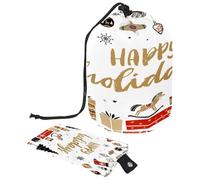 Neceser con cordón, bolsa organizadora de maquillaje de viaje + bolsa pequeña con forma de barril para tarjetas Happy Holidays, multicolor, 9.9x6.9in/25.2x17.6cm;6x3.5in/15.2x8.8cm, Neceser