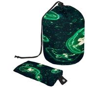 Neceser con cordón, bolsa organizadora de maquillaje de viaje con forma de barril de medusas fluorescentes, color verde, multicolor, 9.9x6.9in/25.2x17.6cm;6x3.5in/15.2x8.8cm, Neceser