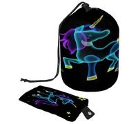 Neceser con cordón, bolsa organizadora de maquillaje de viaje con forma de barril, diseño de unicornio, estrellas fluorescentes, bolsa organizadora de maquillaje + bolsa pequeña, multicolor,