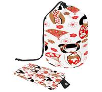 Neceser con cordón, bonito diseño de muñecas japonesas Kokeshi con forma de barril, bolsa organizadora de maquillaje de viaje + bolsa pequeña, multicolor, 9.9x6.9in/25.2x17.6cm;6x3.5in/15.2x8.8cm,