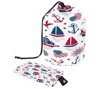 Neceser con cordón, con diseño de anclas náuticas Happy Columbus Day of Nautical Anchors Sailboats, bolsa de aseo con forma de barril, bolsa de cosméticos, bolsa organizadora de maquillaje de viaje +