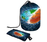 Neceser con cordón, diseño de mapa de baloncesto de agua, bolsa de lavado con forma de barril de tierra, bolsa de cosméticos, bolsa organizadora de maquillaje de viaje + bolsa pequeña, multicolor,