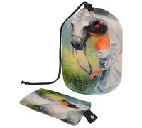 Neceser con cordón, diseño de niña con caballo blanco sobre la tierra de flores, bolsa de lavado en forma de barril, bolsa organizadora de maquillaje de viaje + bolsa pequeña, multicolor,