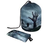 Neceser con cordón, diseño de zombi que se levanta del cementerio en una noche espeluznante con forma de barril, bolsa de cosméticos, bolsa organizadora de maquillaje de viaje + bolsa pequeña,