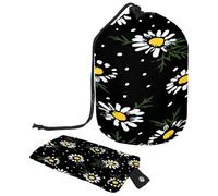 Neceser con cordón, diseño floral de manzanilla en forma de barril negro, bolsa organizadora de maquillaje de viaje + bolsa pequeña, multicolor, 9.9x6.9in/25.2x17.6cm;6x3.5in/15.2x8.8cm, Neceser