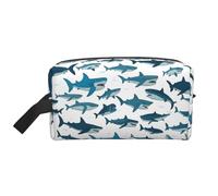 Neceser con estampado de tiburón con varios gestos para mujeres y hombres, bolsa de maquillaje de viaje de gran capacidad, bolsa de almacenamiento de cosméticos
