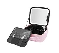 Neceser con Gran Espejo Iluminado, 3 Luces LED Regulables, Divisores Ajustables, Portátil E Independiente (Rosa)