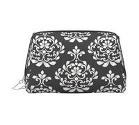 Neceser con patrón de damasco, bolsa de maquillaje portátil de viaje, piel de PVC, con compartimentos, Silver, Talla única
