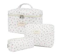 Neceser de 3 piezas Floral de gran capacidad para el maquillaje, neceser de viaje de algodón suave, neceser acolchado grandes de aseo neceser organizador de maquillaje, Pequeña Cereza, piccola