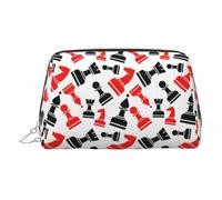 Neceser de aseo con patrón de ajedrez, bolsa de maquillaje portátil de viaje, piel de PVC, con compartimentos, Silver, One Size