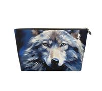 Neceser de cuero para mujer, neceser de viaje, cabeza de lobo sobre fondo azul, bolsa de maquillaje grande con cremallera, Gold, Talla única