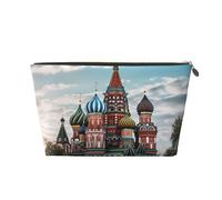 Neceser de cuero para mujer, neceser de viaje, catedral de San Basilio, cuadrado rojo en Moscú, bolsa de cosméticos grande con cremallera, Gold, Talla única