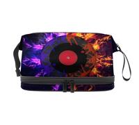 Neceser de doble capa con diseño de disco de vinilo en el fuego, color morado y dorado, para mujeres y niñas, neceser de viaje, bolsa organizadora de maquillaje con compartimento para brochas,