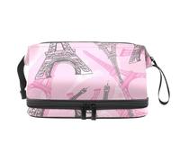 Neceser de doble capa con diseño de la Torre Eifel de París, color rosa y gris, para mujeres y niñas, neceser de viaje, organizador de maquillaje, con compartimento para brochas, multicolor, 27x15x14