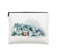 Neceser de Lona con diseño de Aldea Invernal, Ideal para Maquillaje de Mujer, con diseño de Casas Nevadas de Acuarela, Organizador portátil con Cremallera de 18 x 23 cm.