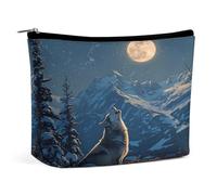 Neceser de maquillaje con diseño de lobo aullando a la luna y montañas nevadas, organizador de artículos de aseo de viaje, estuche de cosméticos para mujer, regalos de cumpleaños para mamás, niñas, mu