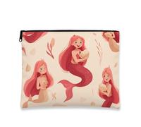 Neceser de Maquillaje con diseño de Sirena, Bonito Neceser de Criatura Marina Color melocotón para Mujer, Organizador portátil de Lona con Cremallera, Neceser de Viaje de Verano de 18 x 23 cm.
