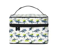 Neceser de maquillaje con estampado de tiburón azul marino y verde, bonitas bolsas de cosméticos para mujeres, bolsa organizadora de maquillaje de viaje grande