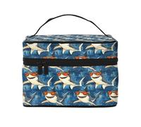 Neceser de maquillaje con estampado de tiburón y gafas de dibujos animados, bonitas bolsas de cosméticos para mujeres, bolsa organizadora de maquillaje de viaje grande
