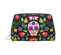 Neceser de maquillaje de azúcar, calaveras y flores, bolsa de maquillaje portátil de viaje, piel de PVC, con compartimentos, Silver, Talla única