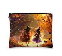 Neceser de maquillaje de brujas de otoño, diseño de fantasía, bolsa de viaje para mujeres, organizador portátil pequeño de lona con cremallera, bolsa de aseo de Halloween, Naranja, 7x9 Inch