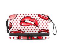 Neceser de maquillaje de doble capa con diseño de labios y lengua, color rojo, para mujeres y niñas, neceser de viaje, bolsa organizadora con compartimento para brochas, multicolor, 27x15x14
