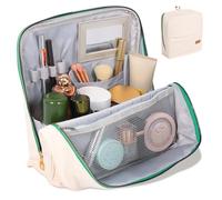 Neceser de Maquillaje de Viaje para Mujer, Organizador de Maquillaje con Soporte para Pinceles y separadores Ajustables, Resistente al Agua, de Piel, con Espejo y Cierre magnético, Beige, Moda