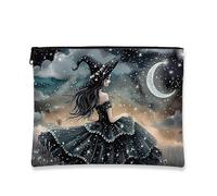 Neceser de maquillaje gótico, diseño de estrellas y lunas, bolsa de viaje para mujeres, organizador portátil pequeño de lona con cremallera, bolsa de aseo de Halloween, Negro -, 7x9 Inch