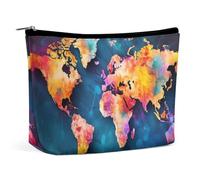 Neceser de maquillaje, neceser de viaje, estuche organizador de maquillaje con estampado de mapa del mundo abstracto, monedero de amplia apertura, artículos esenciales de viaje, accesorios de aseo per