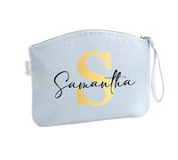 Neceser de maquillaje para niña con nombre, diseño de letra inicial con nombre impreso, bolsa de cosméticos personalizada, para niñas y mujeres, azul pastel, XL (35 x 25 cm), Neceser de cosméticos