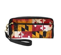 Neceser de maquillaje pequeño de madera con la bandera de Maryland, estuche de doble cara de piel sintética