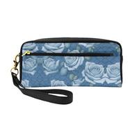 Neceser de maquillaje reutilizable - Organizador de artículos de aseo de viaje, hermosas rosas sobre fondo azul, bolsa pequeña de cuero con impresión completa para mujer, Black, Talla única