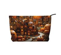 Neceser de pana de gran capacidad con diseño de ciudad de calabaza y fantasía, bolsa de almacenamiento impermeable de moda para artículos de tocador, Black, Talla única
