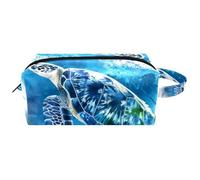 Neceser de piel con asa, impermeable, para colgar artículos de aseo personal, de viaje, pequeño, para niños, diseño de tortuga marina y océano azul, Multicolor 04, 8.2x3.1x3.5 in/21x8x9 cm