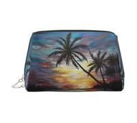 Neceser de piel con estampado de atardecer tropical, bolsa de maquillaje de cuero para bolso con cierre de cremallera superior, elegante bolsa de aseo, Gold, Talla única