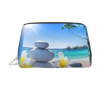 Neceser de piel con estampado de flores tropicales y piedras zen, bolsa de maquillaje de cuero para bolso con cierre de cremallera superior, elegante neceser, Gold, Talla única