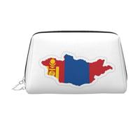 Neceser de piel con estampado de mapa de la bandera de Mongolia, bolsa de maquillaje de cuero para bolso con cierre de cremallera superior, elegante bolsa de aseo, Silver, Talla única