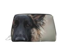 Neceser de piel con estampado de pastor alemán, bolsa de maquillaje de piel con cierre de cremallera superior, elegante neceser, Silver, Talla única