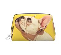 Neceser de piel con estampado de perro bulldog francés, bolsa de maquillaje de piel para bolso con cierre de cremallera superior, elegante neceser, Silver, Talla única