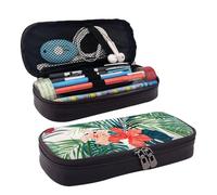 Neceser de piel con solapa de piel con estampado de hojas de vegetación con flores de hibisco, bolsa de cosméticos, bolsa de almacenamiento con cremallera, bolsa de papelería con solapa de cuero,