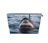 Neceser de piel para mujer, neceser de viaje, diseño de tiburón en el lago, bolsa de maquillaje grande con cremallera, Silver, Talla única