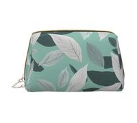 Neceser de piel portátil para maquillaje, bolsa de viaje con cremallera, bolsa para el cuidado de la piel, estampado de hojas gris menta