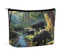 Neceser de Piel sintética con Estampado de Osos Negros en un Arroyo Soleado con luciérnagas, portátil, con Cremallera, Ideal para Viajes. Un Bonito Neceser de Viaje niñas, Mujere