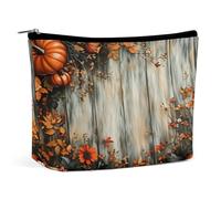 Neceser de Piel sintética con Estampado Floral de Calabaza y Vetas de Madera para Mujer, portátil, de Viaje, con Cremallera, Bonito Neceser, Regalo Ideal para Chicas, Mujeres y mamás.