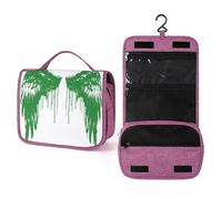 Neceser de viaje con alas de ángel verdes con gotas de pintura para mujer, organizador de maquillaje colgante con gancho para champú