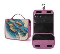 Neceser de viaje con cabeza de dragón chino azul y naranja para mujer, organizador de maquillaje colgante con gancho para champú
