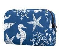 Neceser de viaje con diseño de caballito de mar con estrella de mar y coral sobre azul para mujer, bolsa organizadora de maquillaje grande con cremallera, multicolor, 18.5x7.5x13cm/7.3x3x5.1in,