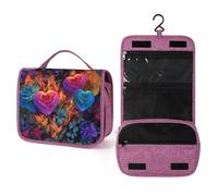 Neceser de viaje con diseño de corazón de fuego con flores y rosas para mujer, organizador de maquillaje colgante con gancho para champú